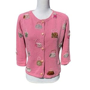 Michael Simon Pink Beaded Purse Novelty Cardigan Sweater Women S Ramie Cotton